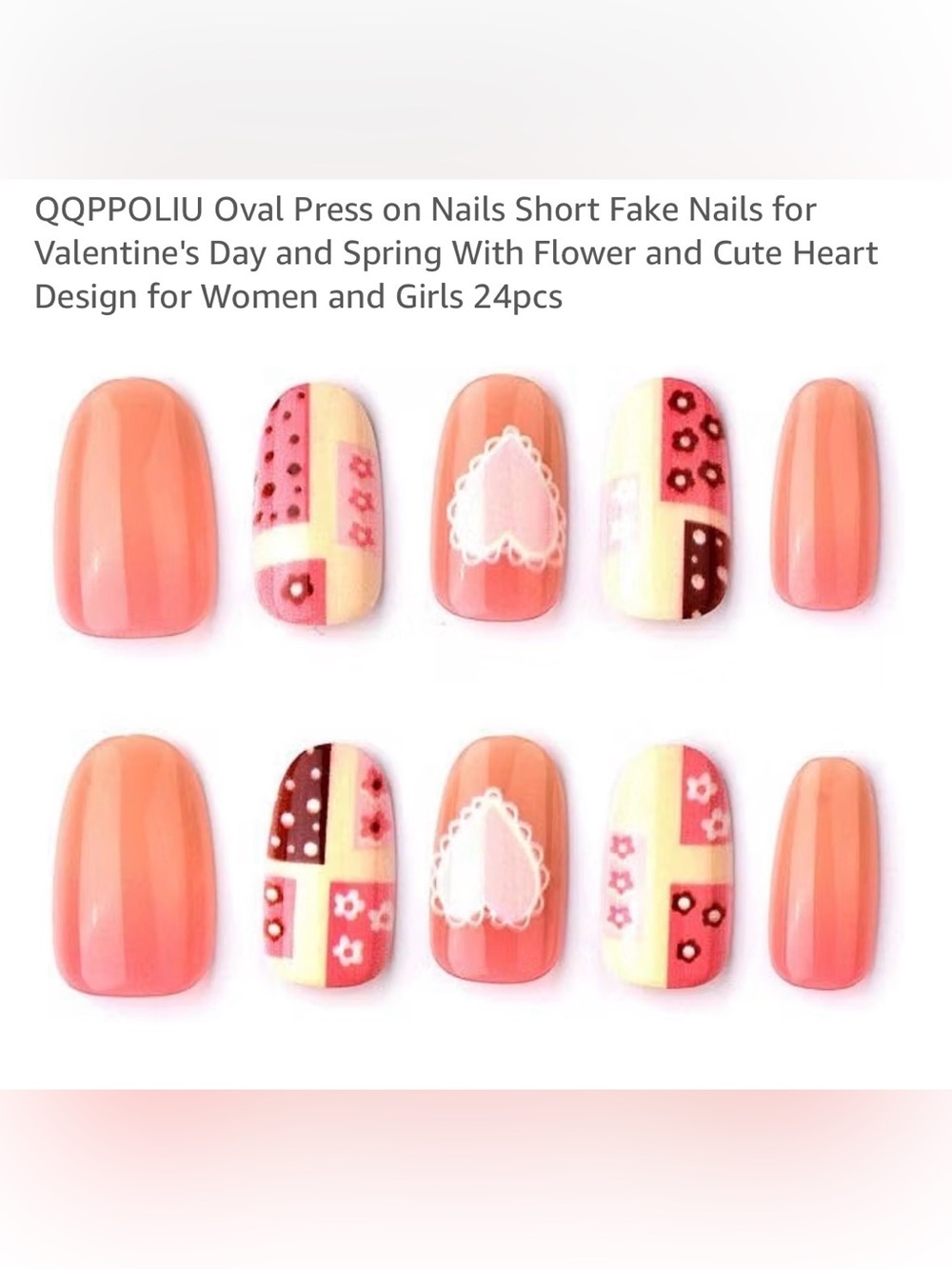 Oval Press-On Short Fake Nails Set- Coral Pink Floral Accents New 24pcs New
